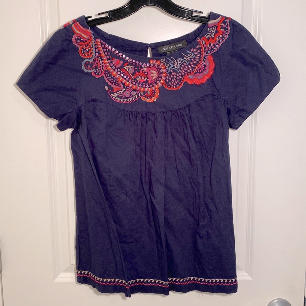 Embroidered Top, navy, size small.